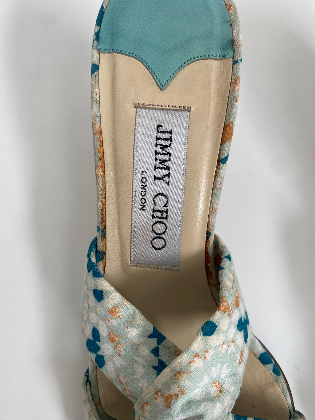 Jimmy Choo Blue and White Geometric Floral Mule Heel EU 36 | US 6