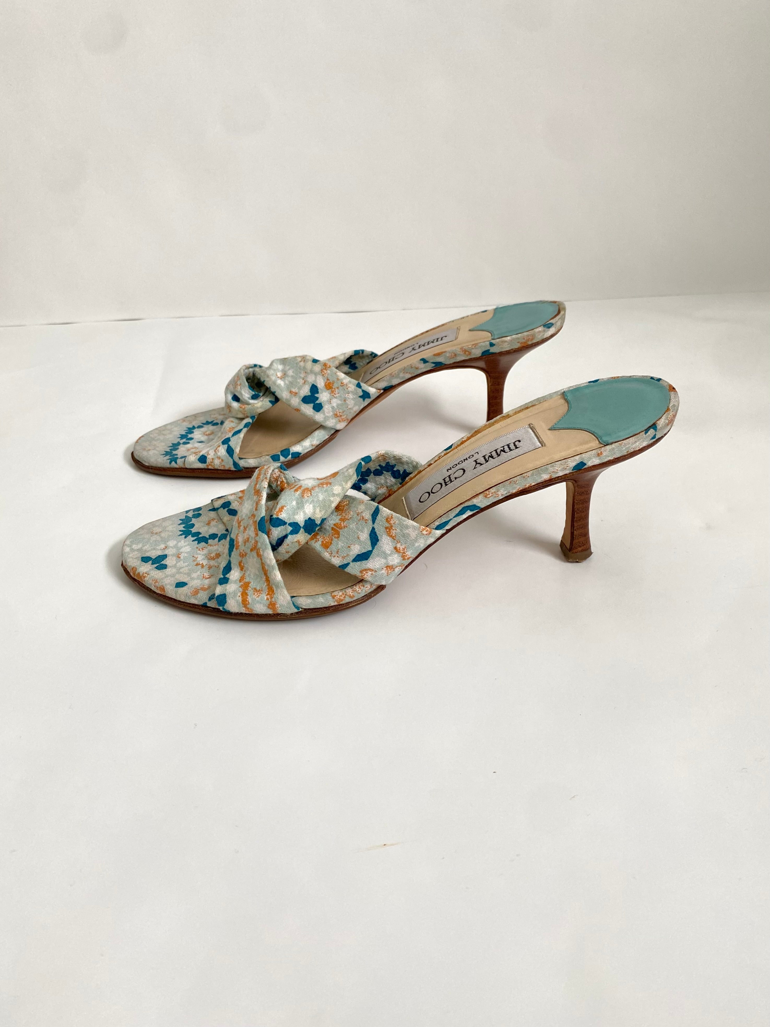 Jimmy Choo Blue and White Geometric Floral Mule Heel EU 36 | US 6