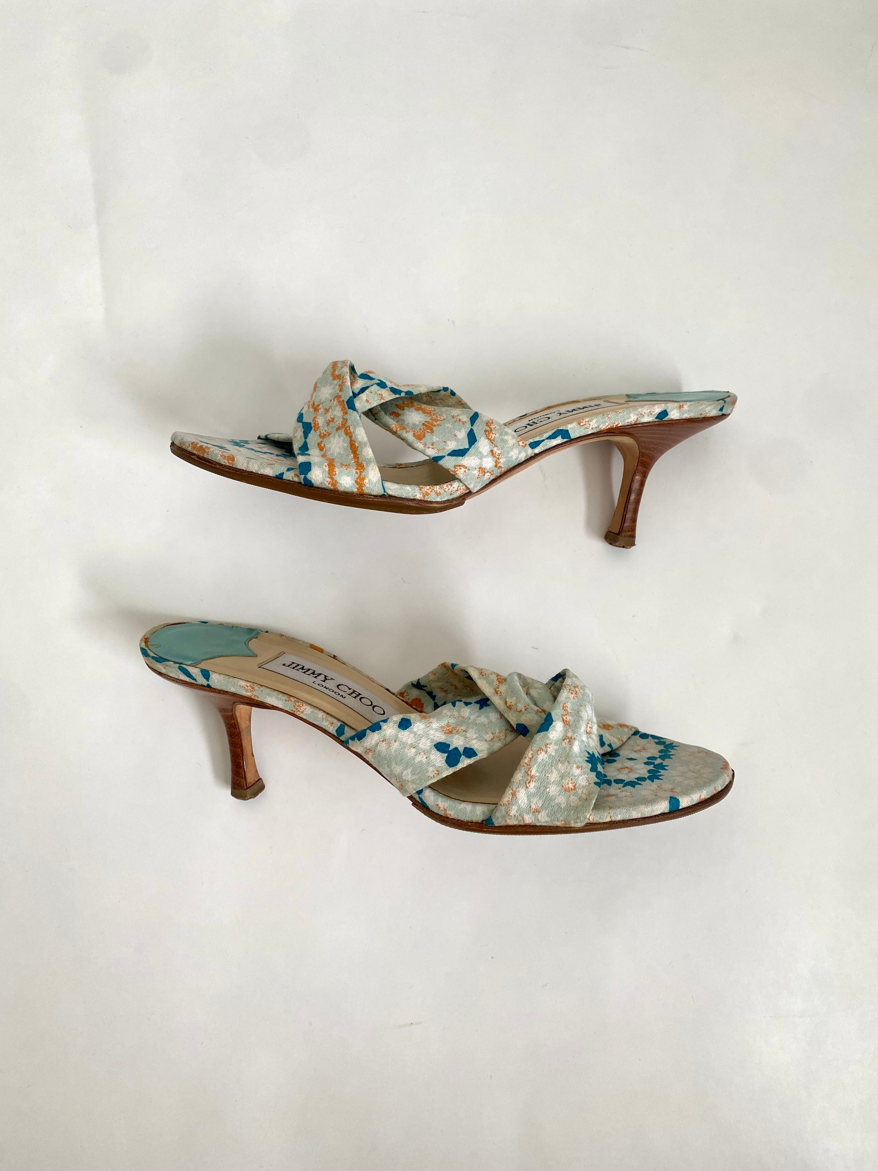 Jimmy Choo Blue and White Geometric Floral Mule Heel EU 36 | US 6