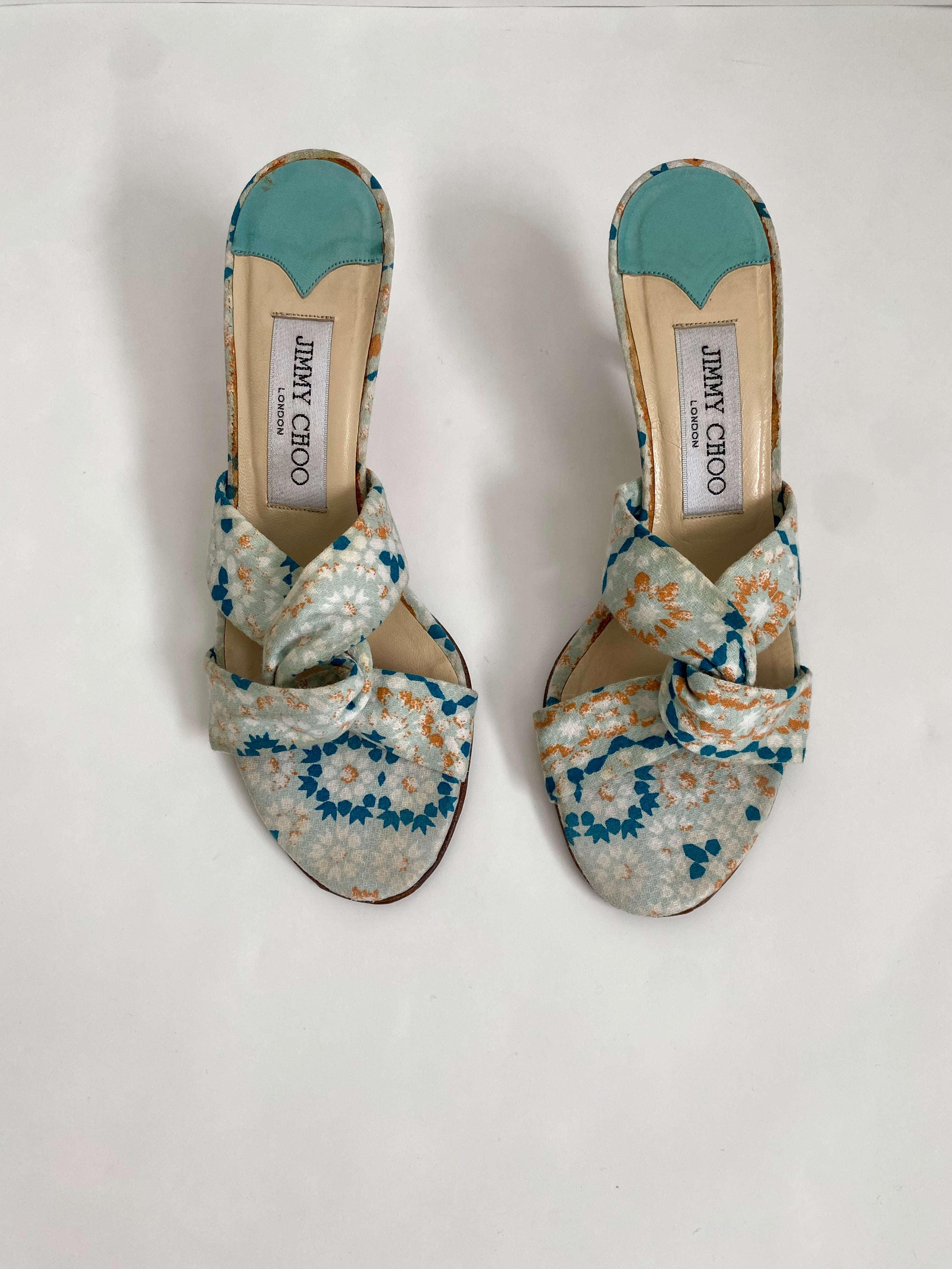 Jimmy Choo Blue and White Geometric Floral Mule Heel EU 36 | US 6